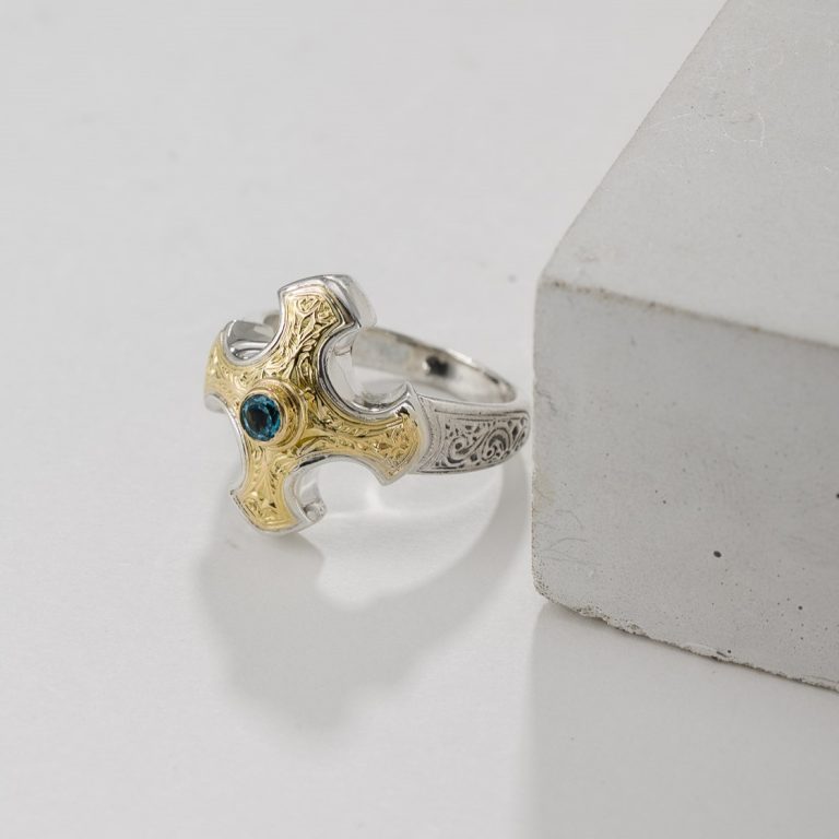 Cross-Ring-in-18K-Gold-and-Sterling-Silver-with-blue-topaz-2215